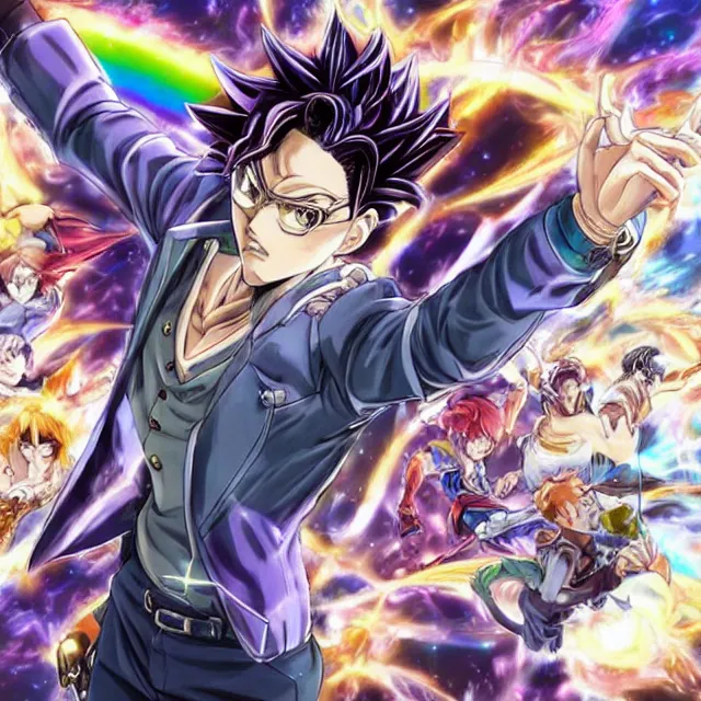 Image similar to handsome anime man channels the universe's energy in the style of jojo's bizarre adventure, ultrafine hyperrealistic detailed face illustration by kim jung gi, toriyama, intricate linework, sharp focus, bright colors, matte, octopath traveler, final fantasy, unreal engine highly rendered, global illumination, radiant light, intricate rainbow environment