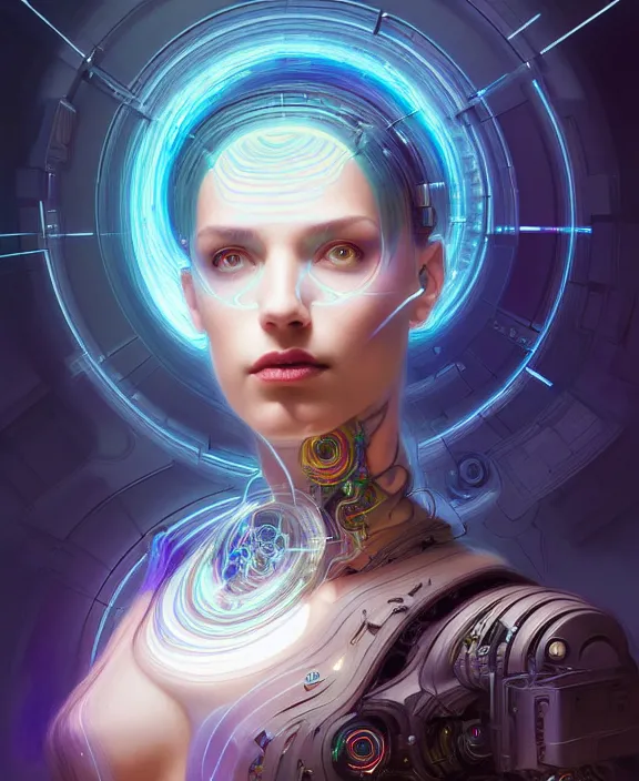 Image similar to a whirlwind of souls rushing inside the metaverse, hologram, half body, neurochip, shaved temple, piercing, jewelry, android, cyborg, cyberpunk face, by loish, d & d, fantasy, intricate, elegant, highly detailed, colorful, digital painting, artstation, concept art, art by artgerm and greg rutkowski and alphonse mucha