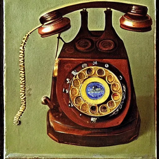 Prompt: a 1 5 th century medieval oil painting of a rotary phone. high quality scan