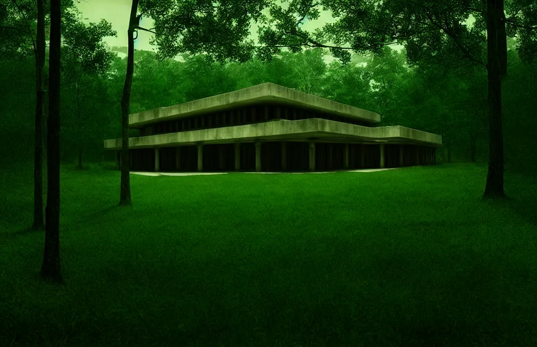 Prompt: emerging from lush greenery intact flawless ambrotype from 4 k criterion collection remastered cinematography gory horror film, ominous lighting, evil theme wow photo realistic postprocessing render by gregory crewdson divisionism building by frank lloyd wright