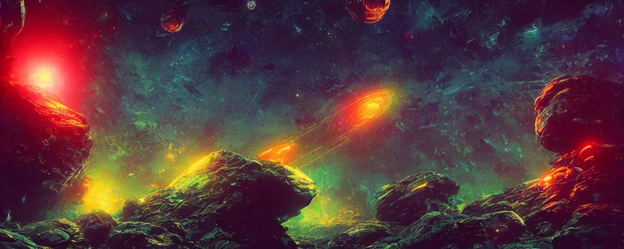 Prompt: ” space rock floating in pitchblack space, [ cinematic, detailed, epic, widescreen, opening, establishing, mattepainting, photorealistic, realistic textures, octane render, art by paul lehr ] ”