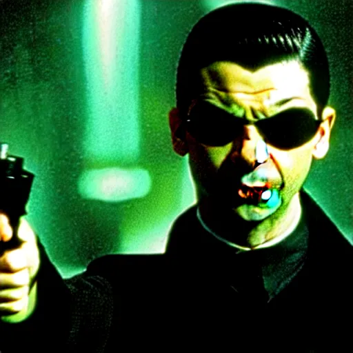 Prompt: Rowan Atkinson as Neo in The Matrix (1999)