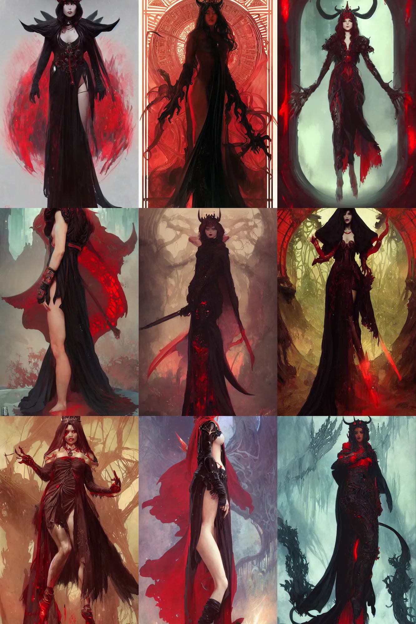 Prompt: demon girl, black robe, red crown, full body shot, fantasy character, detailed illustration, hd, 4k, digital art, overdetailed art, concept art, by greg rutkowski, by Alfons Mucha, complementing colors, Trending on artstation, deviantart