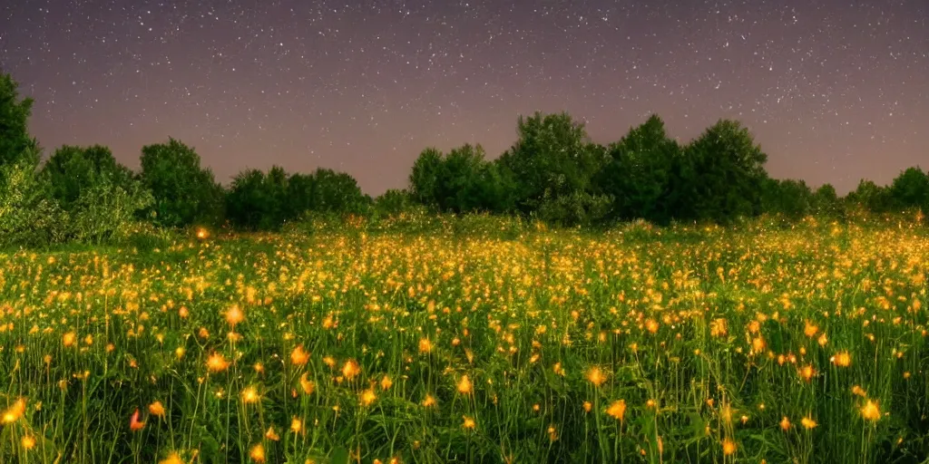 Image similar to a beautiful field of various flowers and fireflies, night, landscape, cozy