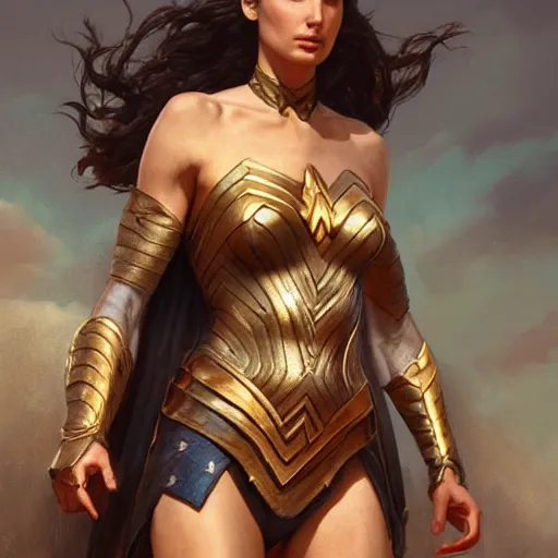 Image similar to painting of gal gadot, bikini armor, ultra realistic, concept art, intricate details, eerie, highly detailed, photorealistic, octane render, 8 k, unreal engine, art by artgerm and greg rutkowski and alphonse mucha