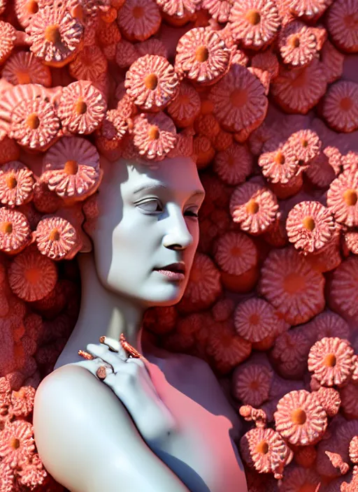 Image similar to biomechanical coral headdress, daisies, well contoured smooth fair walls with marble statue, carrying a bottle of perfume, up close shot, sharp focus, global illumination, radiant light, alexandre ferra white mecha, irakli nadar, octane highly render, 4 k, ultra hd,