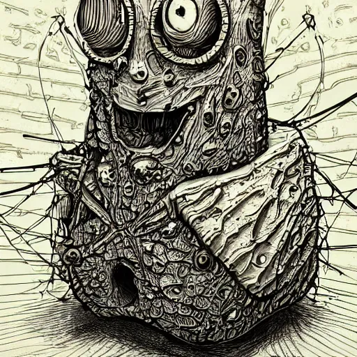 Image similar to detailed realistic illustration of spongebob, in the style of h r giger and moebius and wayne barlowe