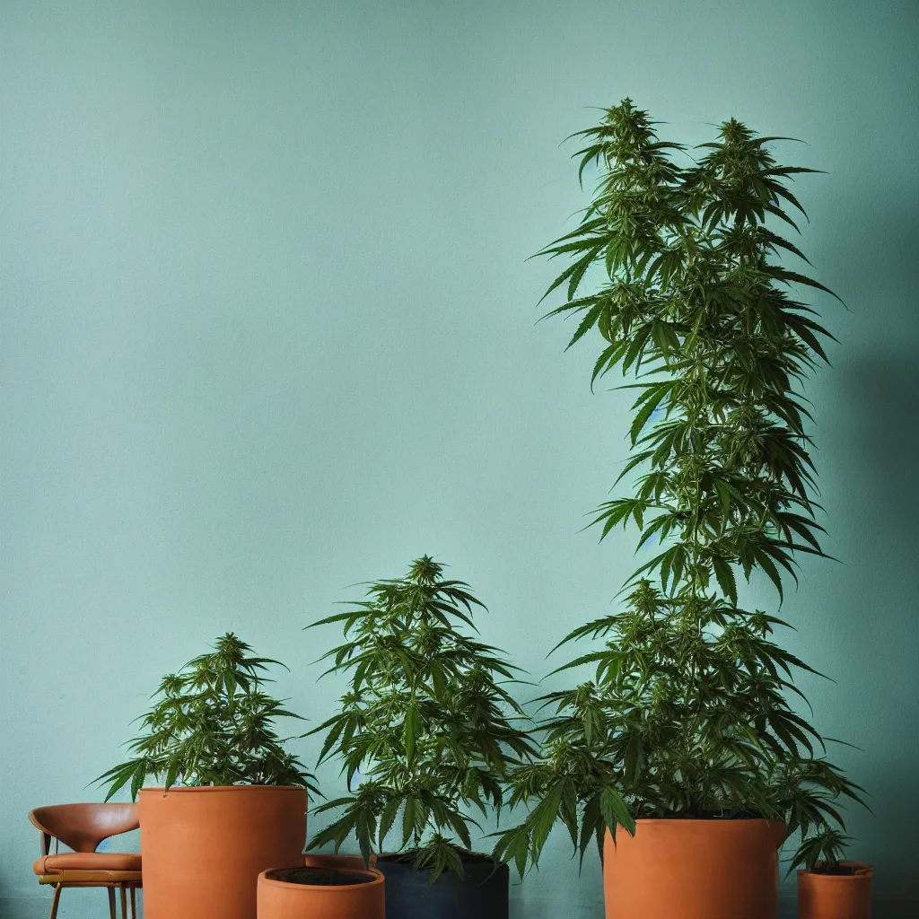 Image similar to large single cannabis plant in a pot grows to the ceiling, kodak portra 4 0 0, 8 k, shot of a highly detailed, britt marling style, colour still - life portrait of a large minimalistic room, rough concrete walls, a single rough carved wooden teal, with comfortable beanbags, muted colours