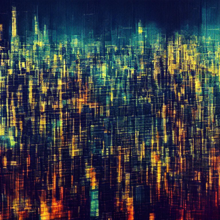 Prompt: an abstract painting of a cityscape at night, computer graphics by gerhard richter, john frederick kensett, unsplash, computer art, glitch art, glitchy