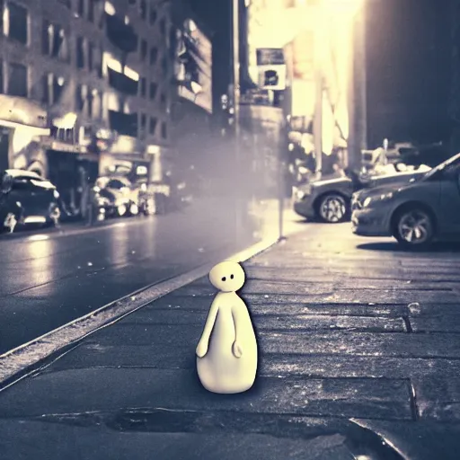 Image similar to digital portrait of Casper the ghost sitting on a NYC sidewalk, smoking a cigarette, city lights, trending on artstation, 8k, 4k, volumetric lighting, lighthearted, cinematic composition, hd, fun