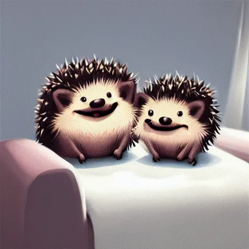 Image similar to two cute adorable hedgehogs, sitting together on a couch, romantic, shy hedgehog, blushing, waving, smiling, cute, hedgehog, by cyril rolando