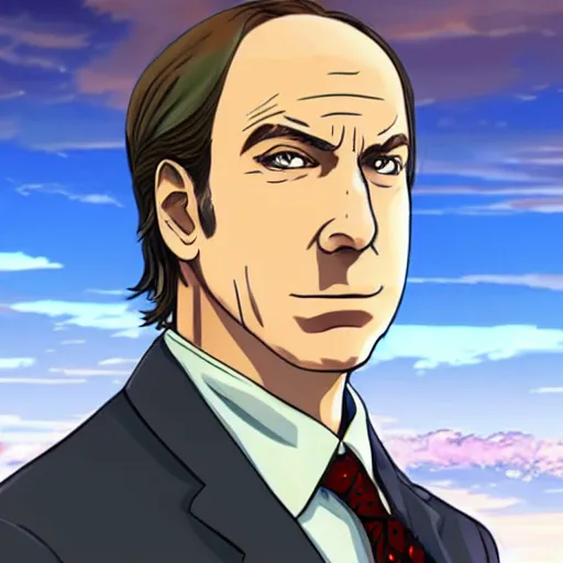 Image similar to saul goodman in an anime world, incredibly detailed, ultra realistic