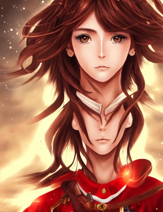 Image similar to a detailed manga portrait of a beautiful brown haired woman in a military uniform glowing with swirling red energy, trending on artstation, digital art, 4 k resolution, detailed, high quality, sharp focus, hq artwork, coherent, insane detail, character portrait