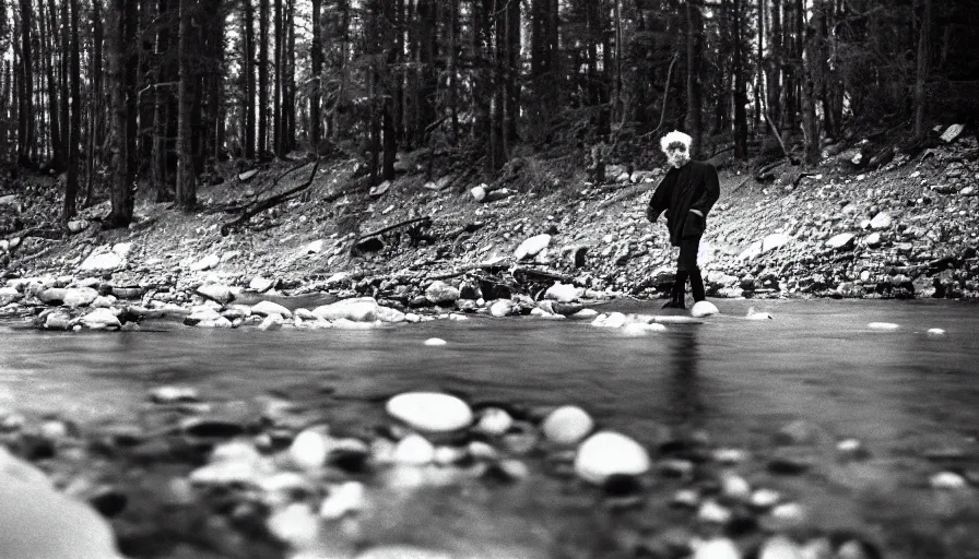 Prompt: 1 9 6 0 s movie still close up of marcus aurelius frozen to death, feets in a river with gravel and pebbles, pine forests, cinestill 8 0 0 t 3 5 mm b & w, high quality, heavy grain, high detail, texture, dramatic light, anamorphic, hyperrealistic, foggy