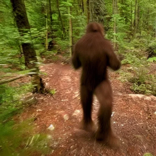 Prompt: trail cam footage of bigfoot