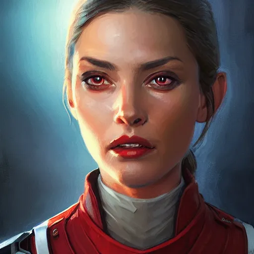 Prompt: portrait of a woman by greg rutkowski, a female starfighter pilot of the galactic triunvirate, wearing a red and white pilot uniform, star wars expanded universe, highly detailed portrait, digital painting, artstation, concept art, smooth, sharp foccus ilustration, artstation hq