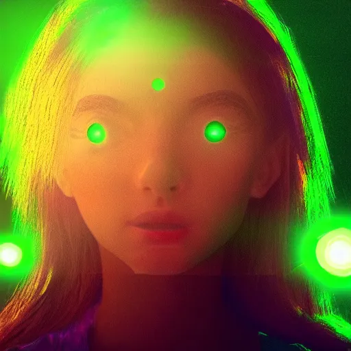 Prompt: cure glowing green hologram girl from cyberspace, 9 0 s cgi design, lens flare, green, vray