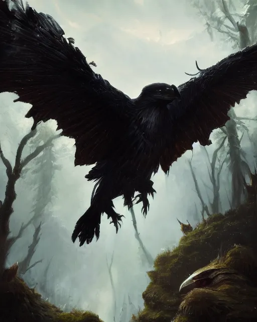 Prompt: oil painting of a Anthropomorphized raven shaman and dragon, sharp focus, fantasy artwork, octane render, volumetric lighting, 8k high definition, by greg rutkowski, highly detailed, trending on art Station, magic the gathering artwork, Woodland background, centered