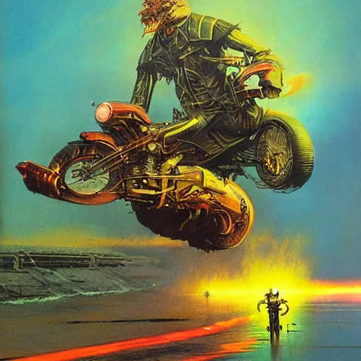 Prompt: infernal motorbiker, vintage sci - fi art, by bruce pennington