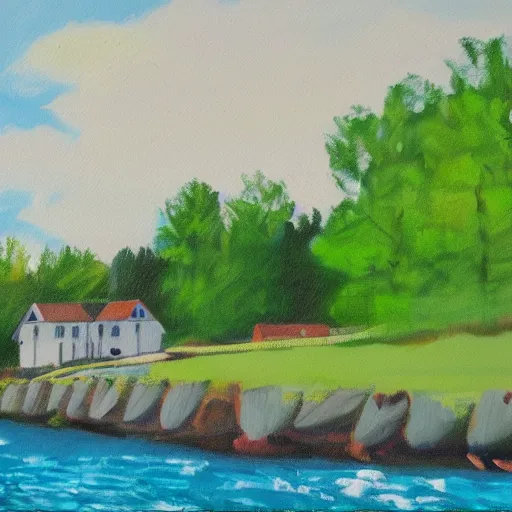 Image similar to a painting of a house next to a river