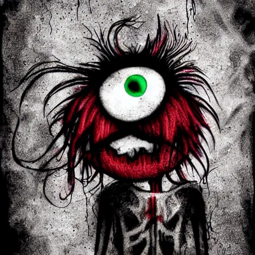 Prompt: grunge drawing of elmo by mrrevenge, corpse bride style, horror themed, accurate