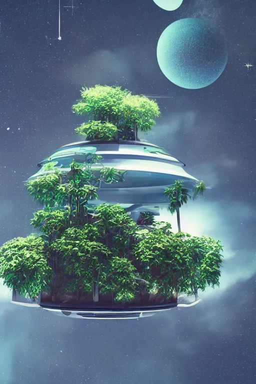 Image similar to multi level botanical garden spaceship floating in space, calm, tranquil, faded effect, detailed, vaporwave colors, render by substance designer