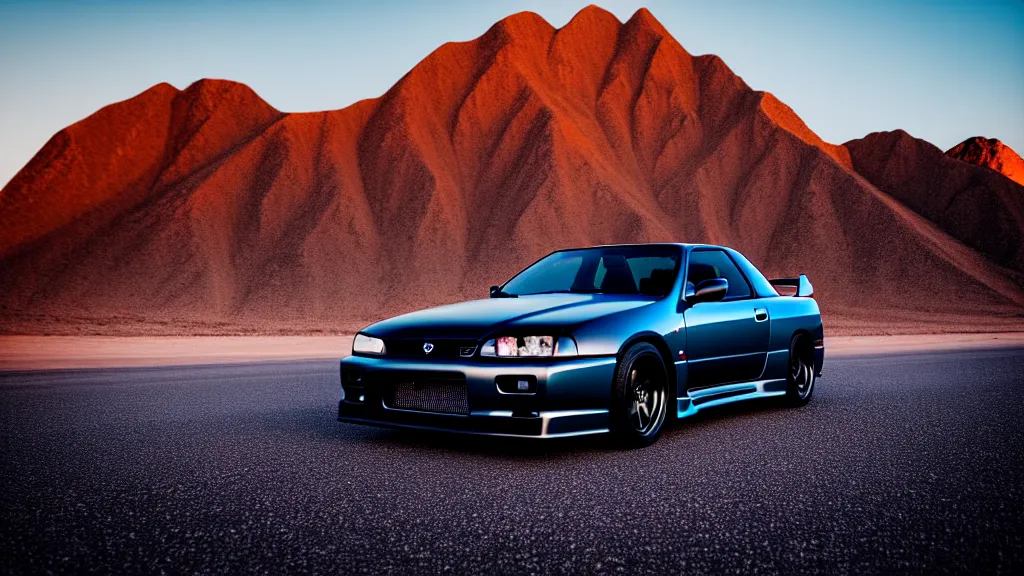 Image similar to three quarter front photo of a stock dark grey nissan r 3 2 skyline gtr on a road in a desert with a mountain in the background in the early morning, car photography, zoom lens, blue hour, photorealistic