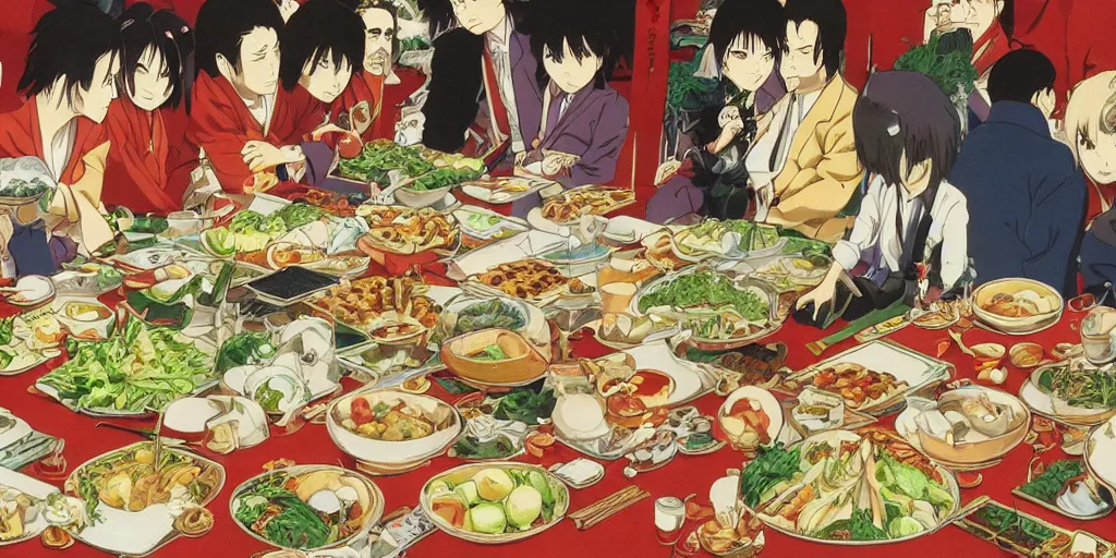 Image similar to A feast for the Yakuza, very detailed, anime, Delicious, Plump, Juicy, Hot Food, large white border, hd, high resolution print :1 by Hayao Miyazaki, Nausicaa, studio Ghibli style, Anime wallpaper, cell shading, trending on deviant art :1