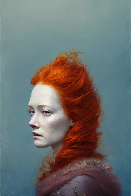 Image similar to of beautiful redhead female, beauty portrait by greg rutkowski, hilma af klint, moebius, victo ngai, sharp focus, global illumination, highly detailed, masterpiece, award winning, post processing