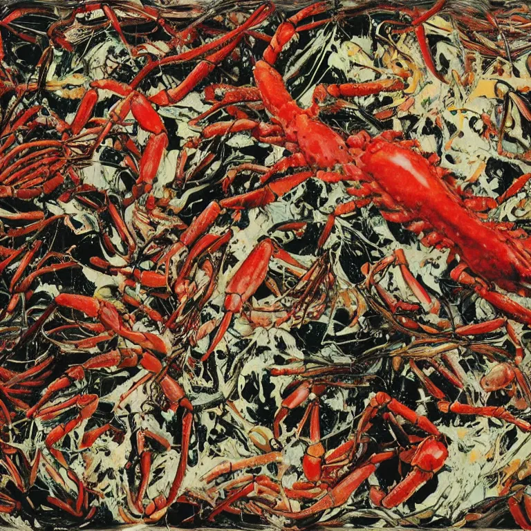 Image similar to Pasiphae by Jackson Pollock, meeting God, lobsters, coral, worms, larvae, Strawberry Jam by Animal Collective, realistic photograph of fruit