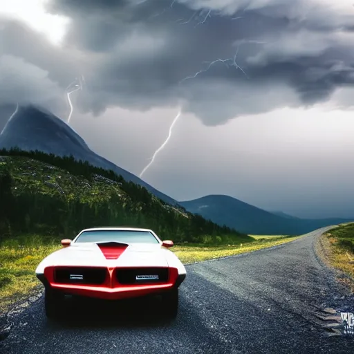 Prompt: pontiac firebird trans - am driving towards the camera, norway mountains, cinematic, volumetric lighting, foggy, wide shot, low angle, huge mountains, large lightning storm, thunder storm, tornado