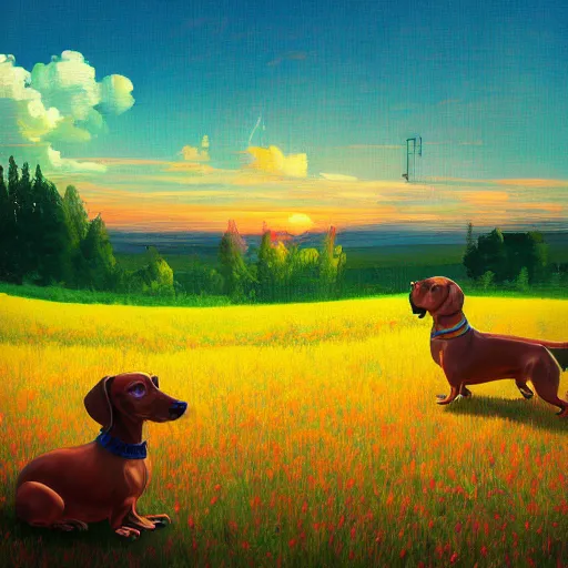 Image similar to a dachshund, surreal photography, cannabis field, sunset on a summer day light, impressionist painting, colorful clouds, blue sky, digital painting, artstation, simon stalenhag