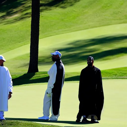 Prompt: kanye west playing golf with a robed religious figure, who has a glowing halo. paparazzi photo taken from a distance. trees in the background on a sunny day.