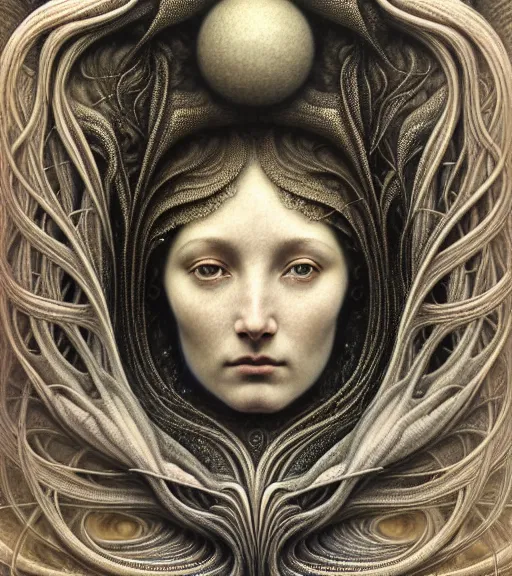 Image similar to detailed realistic beautiful space goddess face portrait by jean delville, gustave dore, iris van herpen and marco mazzoni, art forms of nature by ernst haeckel, art nouveau, symbolist, visionary, gothic, neo - gothic, pre - raphaelite, fractal lace, intricate alien botanicals, ai biodiversity, surreality, hyperdetailed ultrasharp octane render