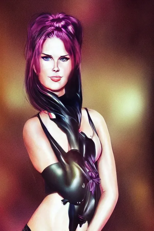 Image similar to mix of beautiful young maria shriver, mariel hemmingway, brooke shields, nicole kidman and elle macpherson as a dominatrix, thin lips, hair tied up in a pony tail, dark blonde hair, colorful, deviantart, artstation, cgsociety