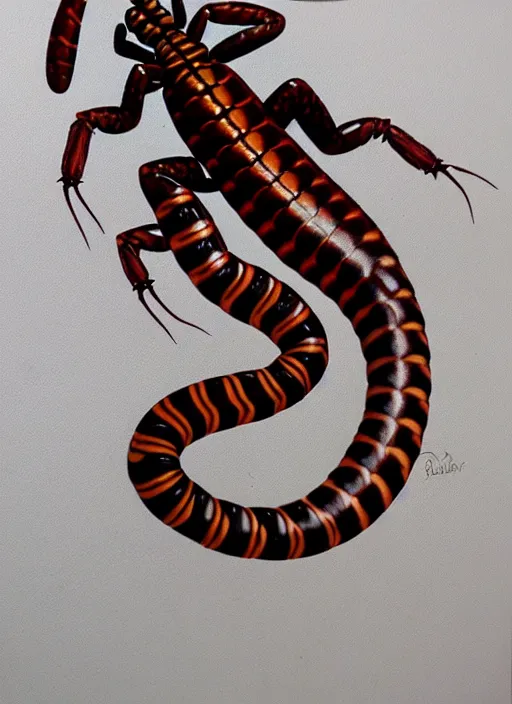 Prompt: beautiful matte airbrush portrait of a scolopendra on a white background, 8 0's airbrush aesthetic, art by pater sato