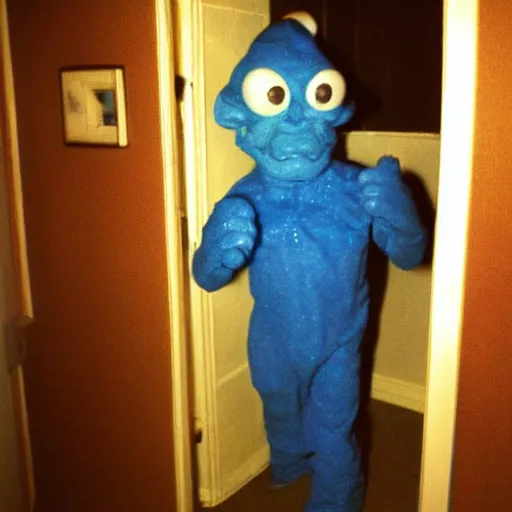 Prompt: grainy photo of a smurf as a creepy monster in a closet, harsh flash