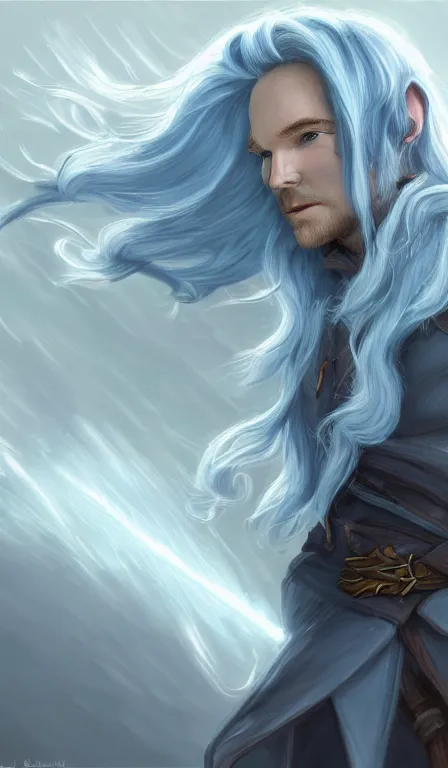 Prompt: cute whimsical half - elf sorcerer rogue with lightning, chris pratt light grey - blue hair, d & d, fantasy, portrait, highly detailed, digital painting