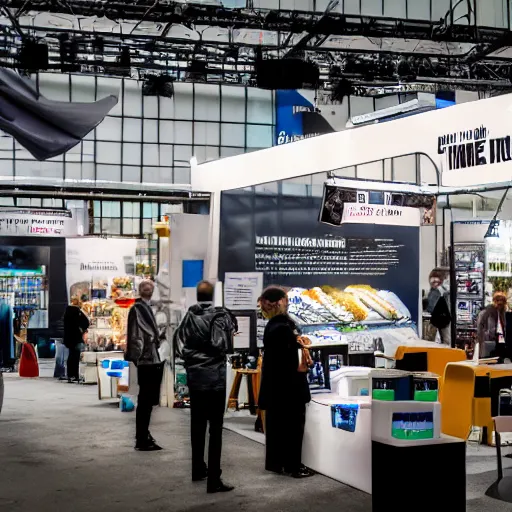 Prompt: a photo of a market stall at a trade show in the style of the film'minority report'taken from a distance, dslr