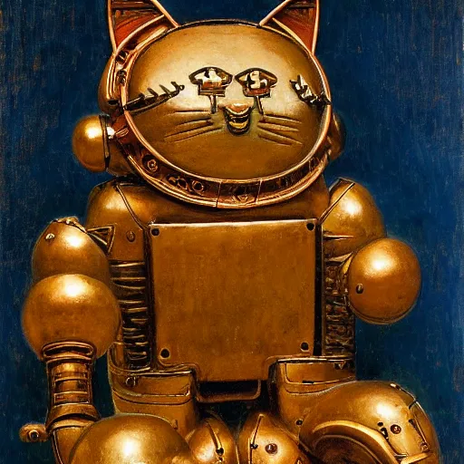Prompt: ornate robot cat sculpture, by annie swynnerton and diego rivera and nicholas roerich and jean delville and janet fish, symbolist, dramatic lighting, god rays, art brut, rich colors, smooth, sharp focus, extremely detailed, adolf wolfli and ( donato giancola and bilibin )