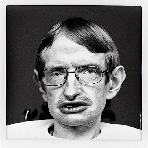 Image similar to Mugshot Portrait of Stephen Hawking, taken in the 1970s, photo taken on a 1970s polaroid camera, grainy, real life, hyperrealistic, ultra realistic, realistic, highly detailed, epic, HD quality, 8k resolution, body and headshot, film still, front facing, front view, headshot and bodyshot, detailed face, very detailed face