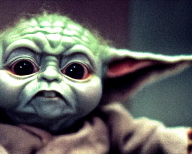 Image similar to Film still close-up shot of Baby yoda as Michael Myers from the movie Halloween. Photographic, photography