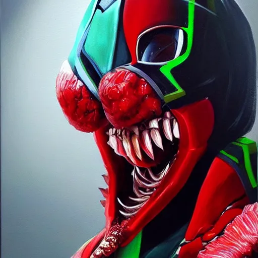 Prompt: a realistic painting by Raffaello Sanzi depicting the Kamen Rider Ichigo with the head of the symbiotic Venom in the Renaissance,smooth,Sharp focus, trending on Artstation.