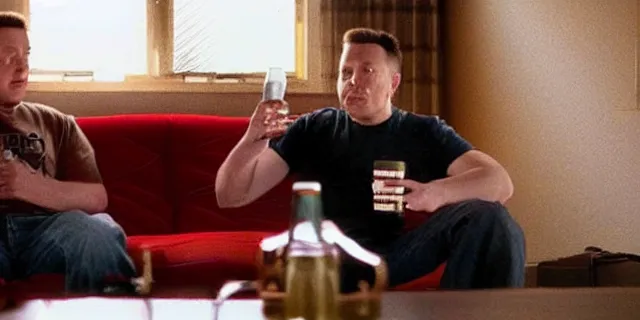 Image similar to full distant shot of sad bald poor dirty elon musk drinking a can of beer in the couch while watching tv in a dirty house, very realistic photograph, cinematic lighting, dardenne brothers, trailer park boys