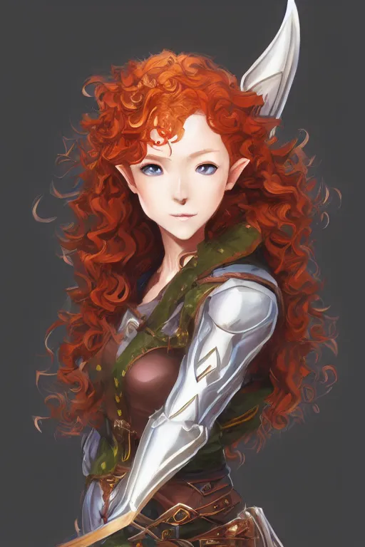 Image similar to A beautiful anime portrait of a curly haired redhead female elf, rpg ranger outfit, elven bow, by Stanley Artgerm Lau, WLOP, Rossdraws, James Jean, Andrei Riabovitchev, Marc Simonetti, and Sakimichan, tranding on artstation