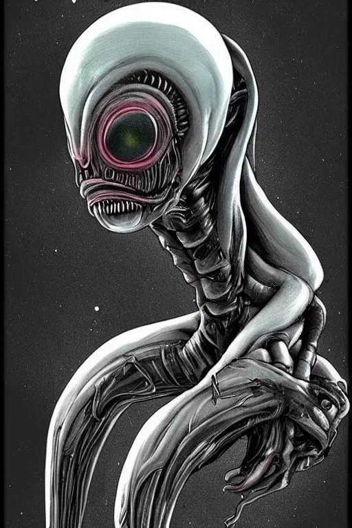 Image similar to beautiful genderless cosmic - eyed alien that is a little ominous creepy due to a few features resembling a xenomorph by hr giger.