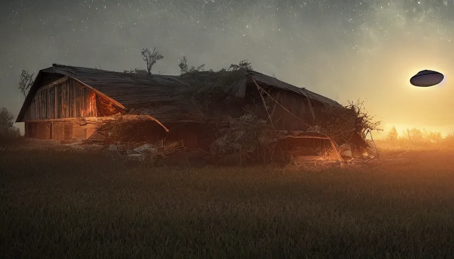 Image similar to a ufo floats over a broken barn, debris floats upwards, volumetric lighting, night, photorealistic rendering, color palette, 8 k, hyperdetailed