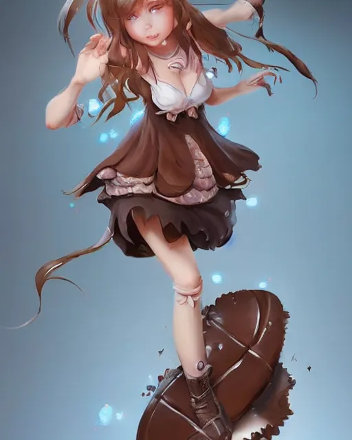 Image similar to a ( girl as personification of chocolate cupcake ), fantasy bakery, digital art by artgerm, krenz cushart, laurie greasly, wlop, intricate, ( highly detailed figure ), sharp focus, smooth, epic composition, joyful, unreal engine