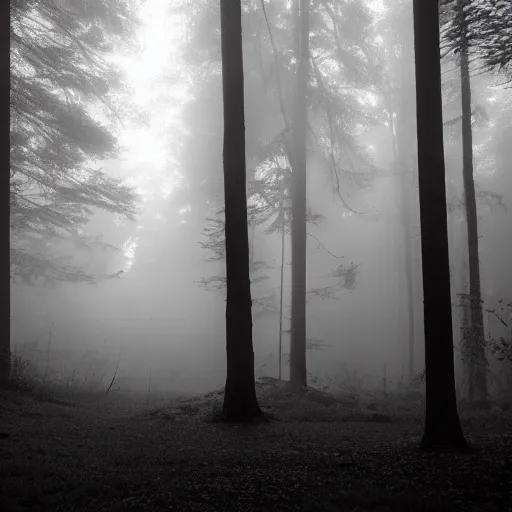 Prompt: Foggy forest at night, giant spider lurking in the distance, cinematic, black and white, 16mm