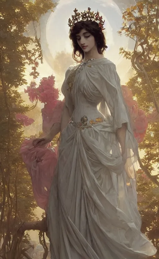 Image similar to a beautiful painting of a crowned robot princess in a flowing gown, intricate, elegant, highly detailed, digital painting, artstation, concept art, by krenz cushart and artem demura and william adolph bouguereau and alphonse mucha